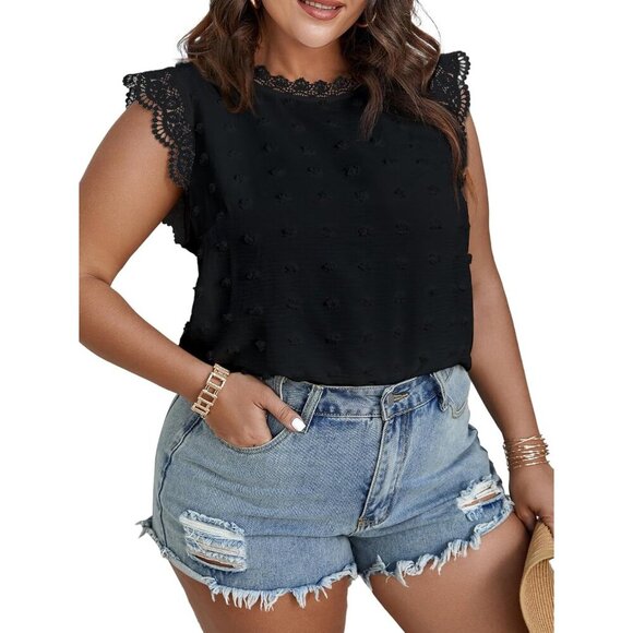 Tops - Women Plus Size Tank Top Lace Trim Swiss Dot Sleeveless Casual Blouse